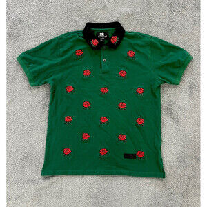 Damati Men's Size Large (L) Polo Short Sleeve Roses Embroidered Green Cotton